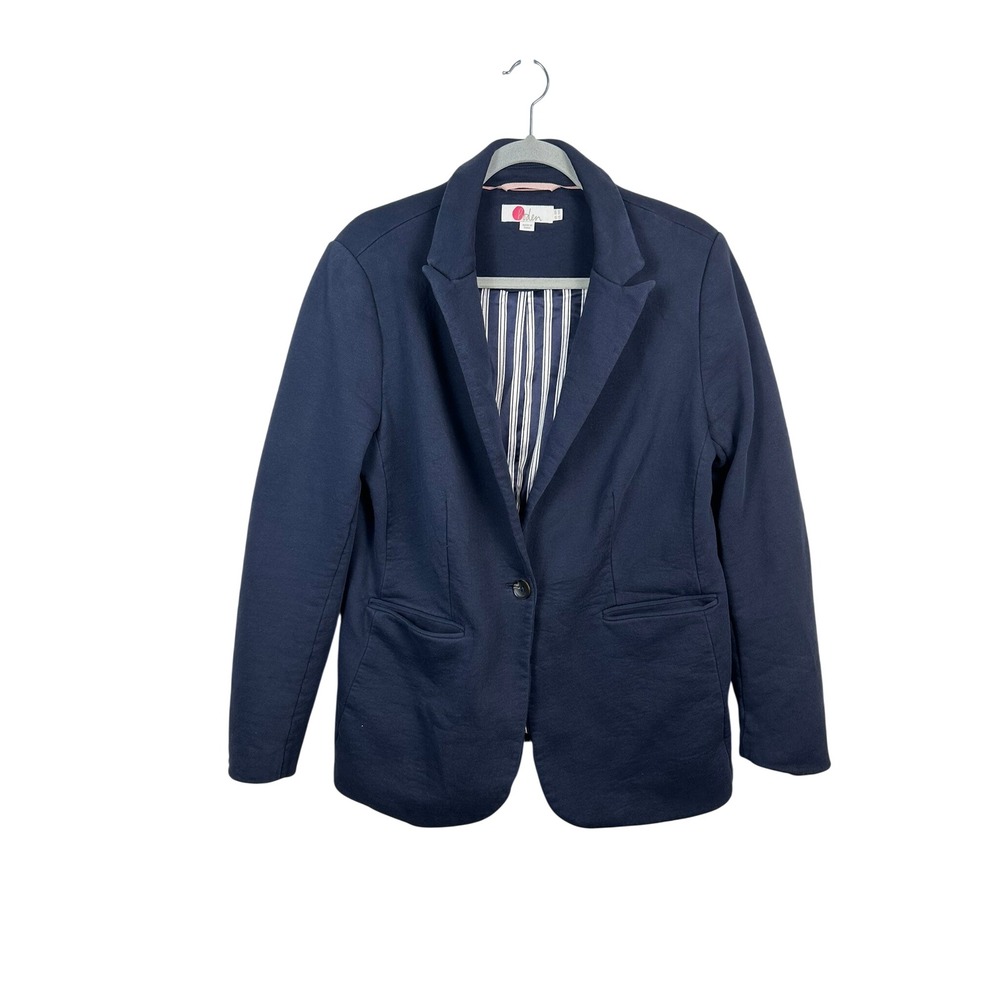 Boden Knit Blazer Womens 14R Navy Blue Excellent Striped Lining Cotton T0272